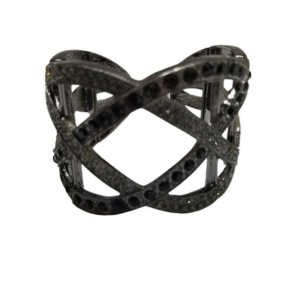 Dark Silver Black Crystals Rhinestone Woven Hollow Out Cuff Bangle Bracelet - Picture 10 of 12